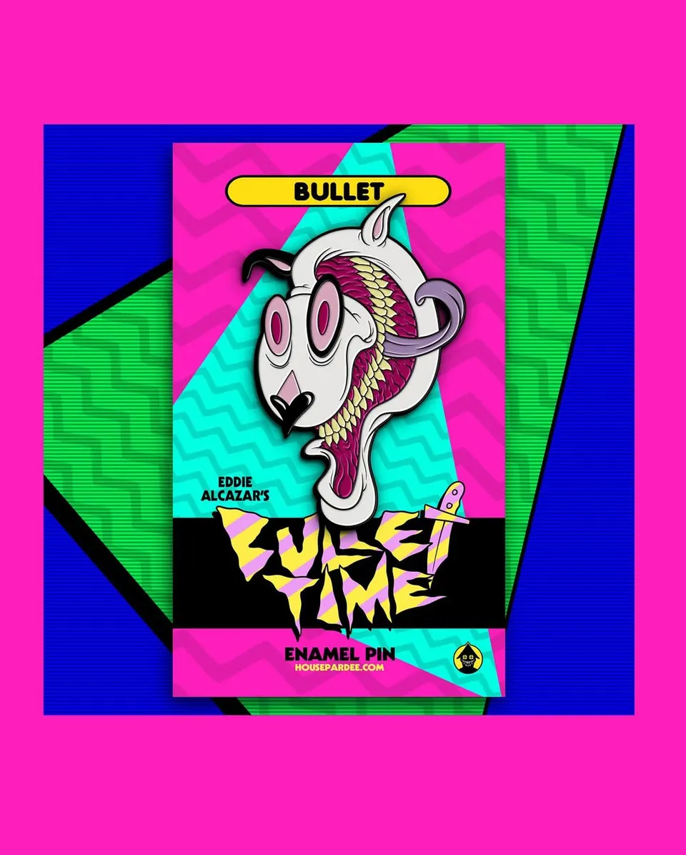 Bullet Time enamel pin by Alex Pardee. Email to order.